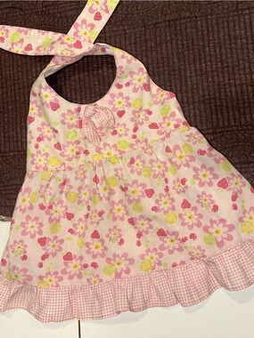 Pink Floral Halter Dress for Girls with Lemon and Strawberry Print